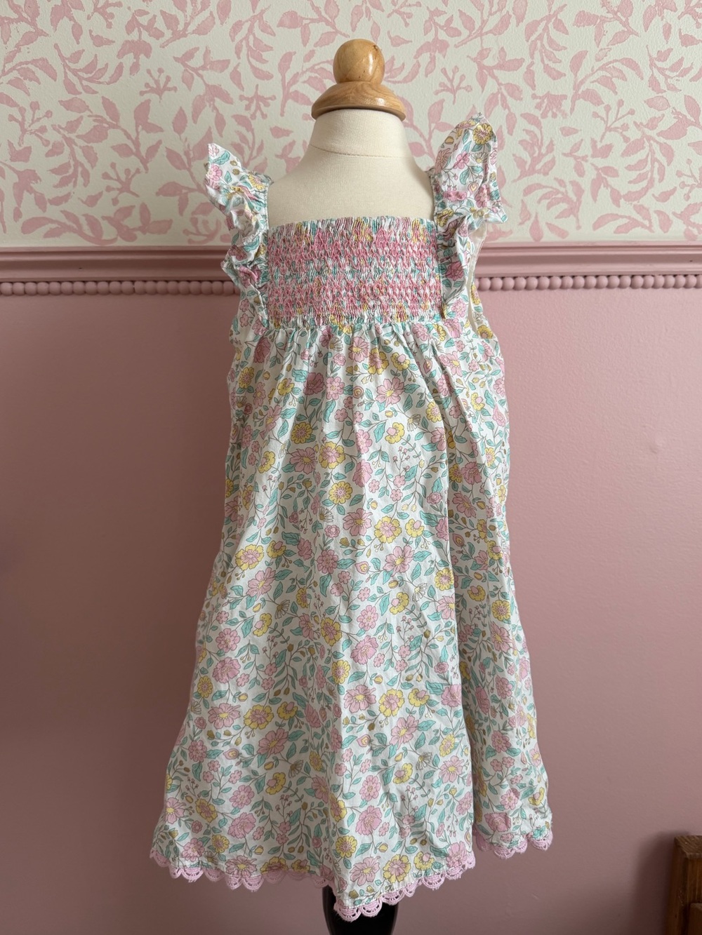 Cupcakes & Cashmere Smocked Pink and Green Flutter Sleeve Dress